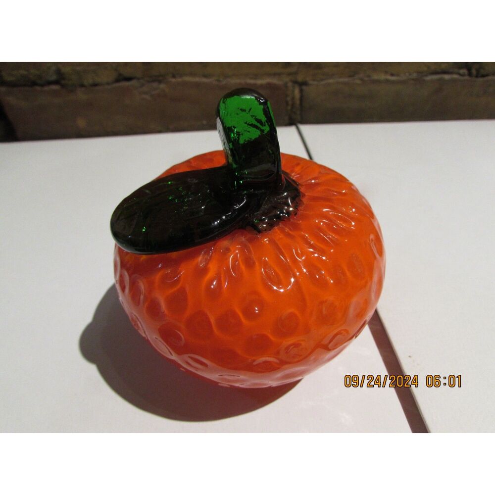 GLASS ART FRUIT FANCO ORANGE GREEN STEM HOME DECOR FRUIT BASKET